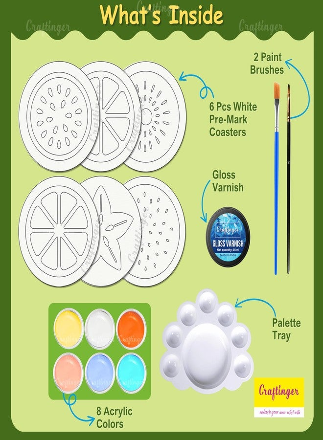 Craftinger Fruit theam Coaster Painting Kit for Kids | 6 Fruit Theme Coasters with 8 Acrylic Colors, 2 Brushes, Palette & Free Gloss Varnish | DIY Painting Art Kit for Boys & Girls, Home, Office, Activity, Coloring Tea Cup Table Birthday Kitchen - Image 2